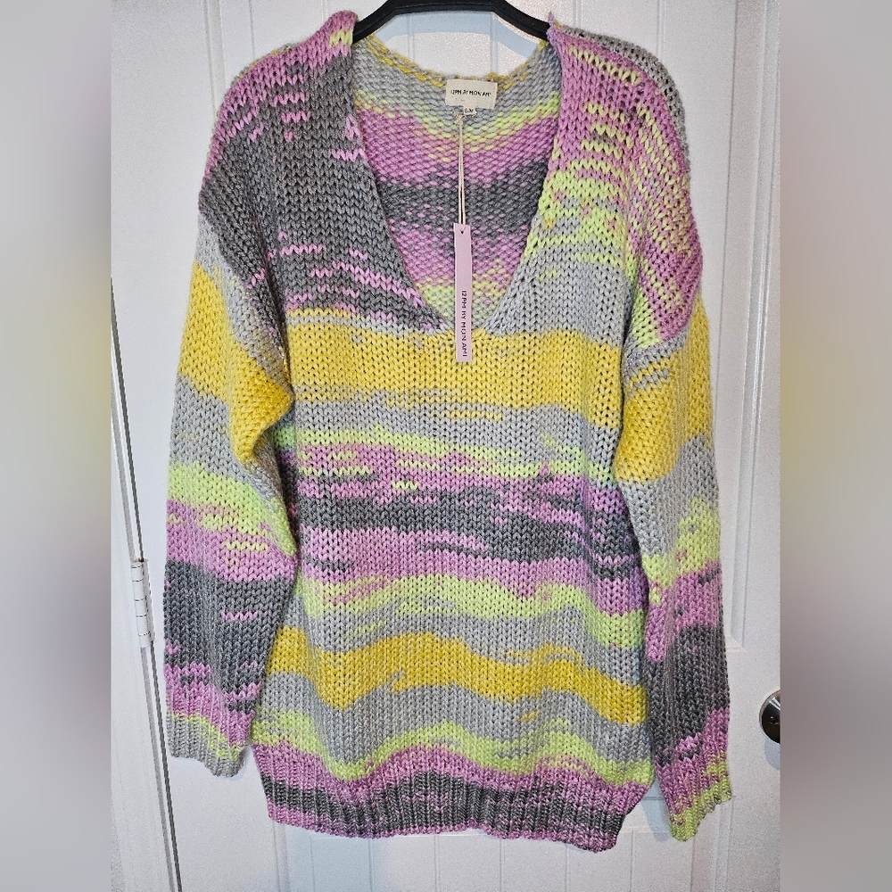 NWT 12PM BY MON AMI Chunky Knit V-Neck Sweater S/M Multi